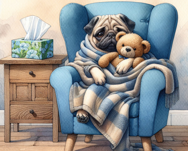 Cozy Pug in Blue Armchair with Teddy Bear and Blanket