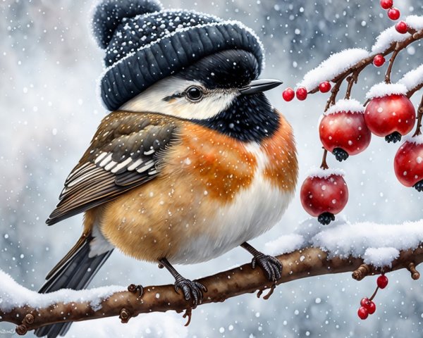 Colorful Bird in Winter Scene with Snowy Branch