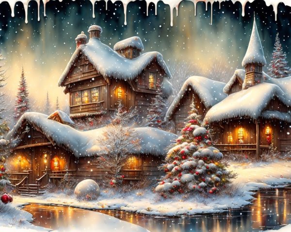Snow-Covered Cottages in a Winter Wonderland Scene