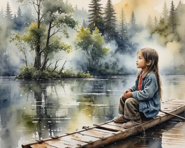 Watercolor Scene of Girl on Raft in Calm Lake
