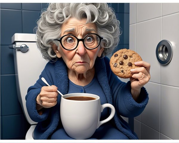 Elderly Woman in Bathroom with Cookie and Coffee