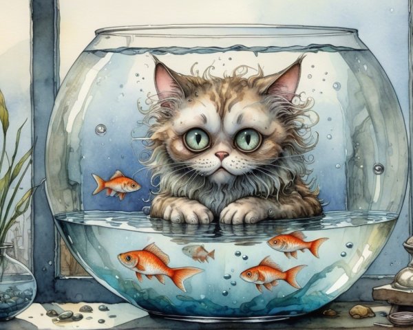 Fluffy Cat in Fishbowl Surrounded by Goldfish