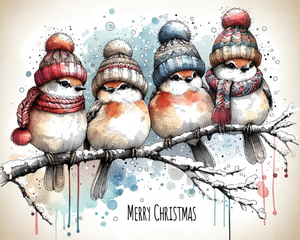 Colorful Birds in Winter Attire on Snowy Branch