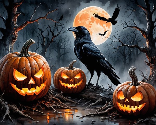 Halloween Scene with Full Moon and Jack-o'-Lanterns