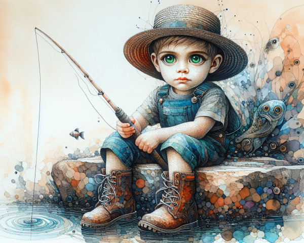 Young Boy Fishing on Rocky Bank with Abstract Background