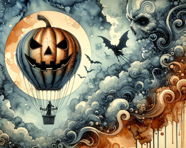 Whimsical Halloween Scene with Pumpkin Balloon and Bats