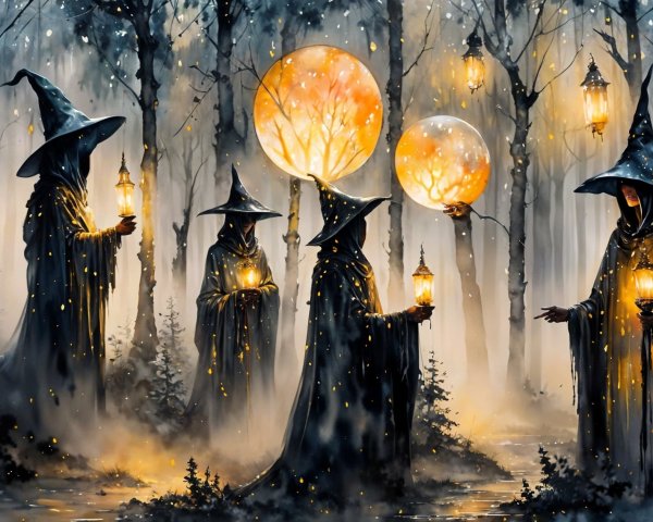 Cloaked Figures in a Foggy Mystic Forest Scene