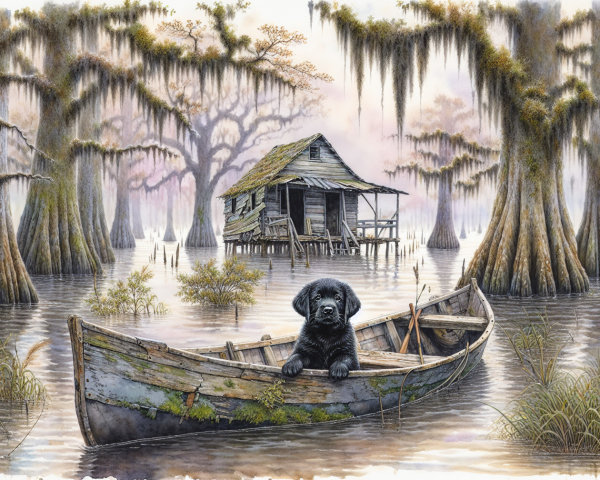 Watercolor Painting of Puppy in Swamp Setting