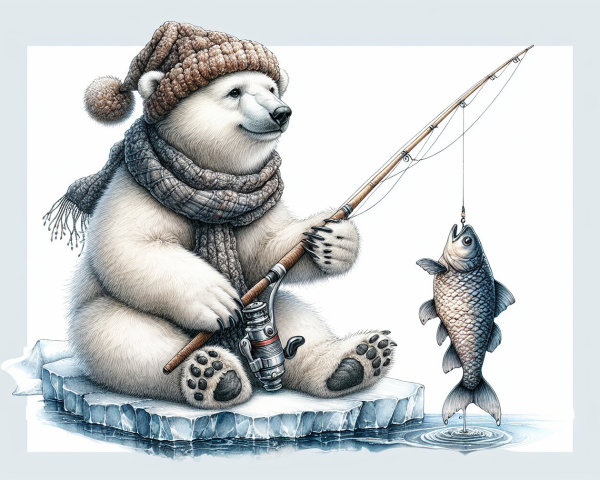 Polar bear in knitted hat fishing on ice chunk