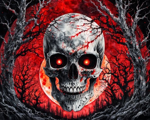 Haunting Skull with Glowing Eyes and Red Moon Background