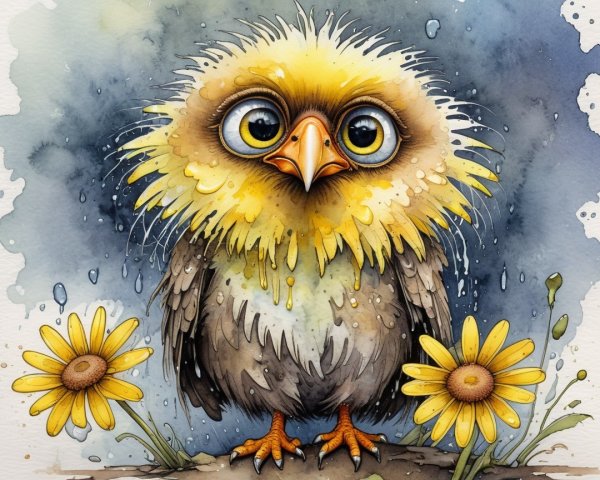 Cute Yellow Chick in Rain with Daisies and Watercolor Background