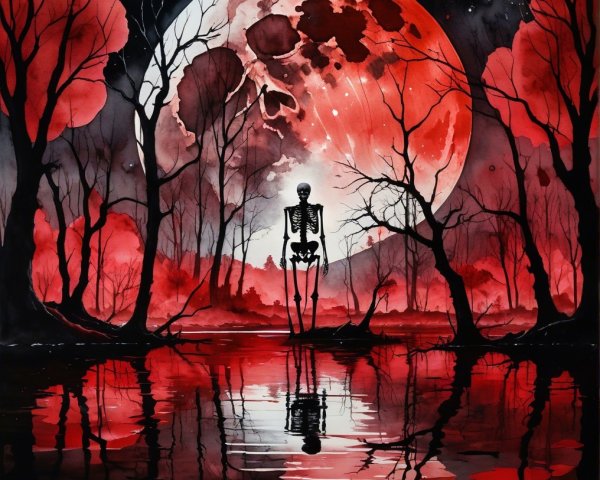 Eerie Landscape with Skeletal Figure and Red Moon