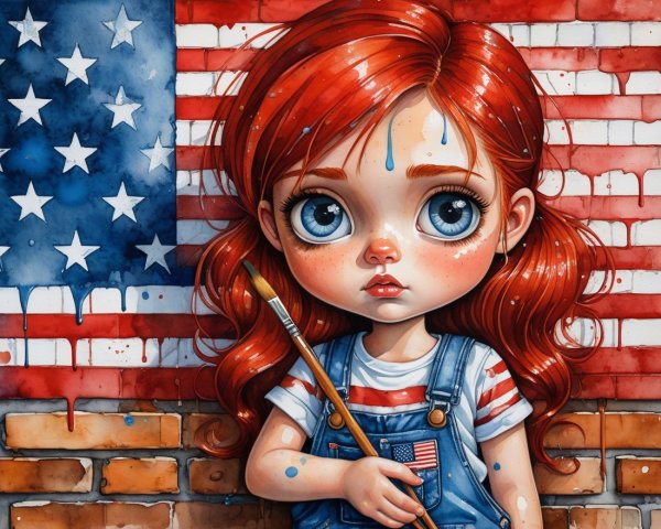 Young girl with red hair by American flag mural