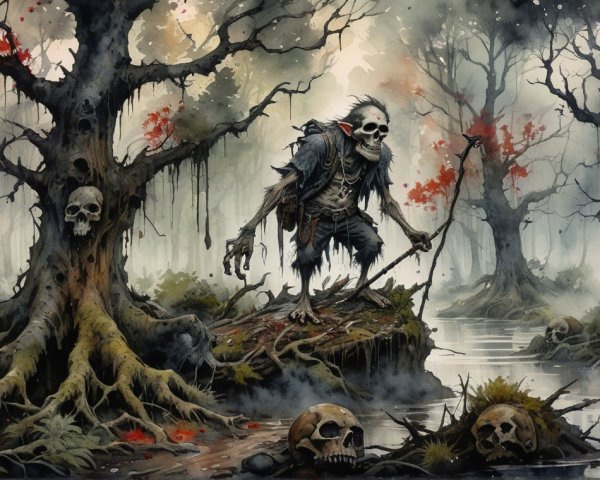 Skeletal Figure in a Misty Swamp Landscape