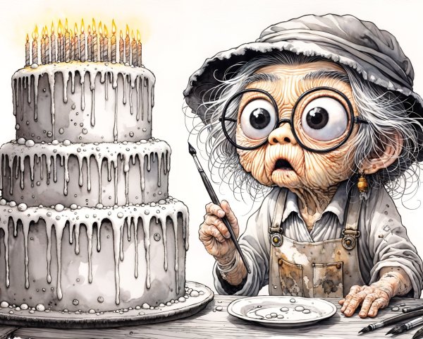 Elderly Woman in Hat Gazes at Multi-Tiered Cake