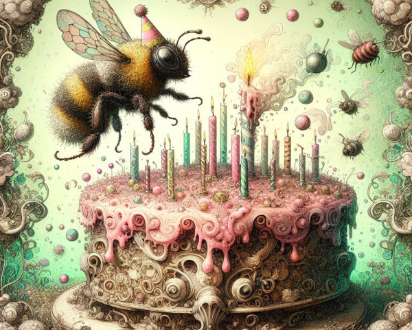 Whimsical Scene of a Bee and Colorful Birthday Cake