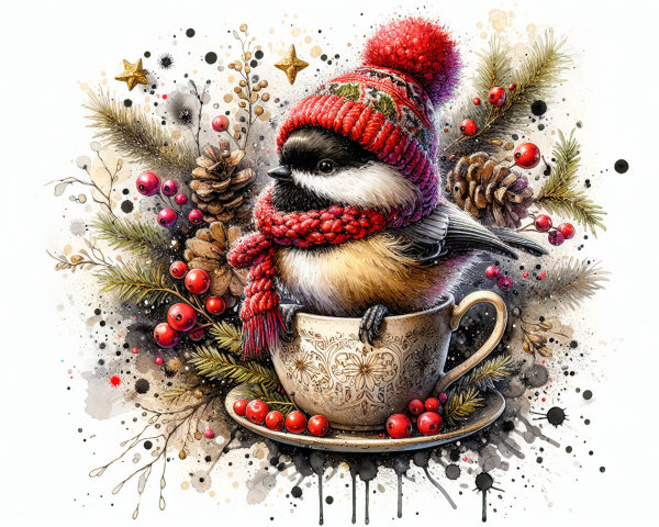 Bird in Tea Cup with Winter Decor and Festive Elements