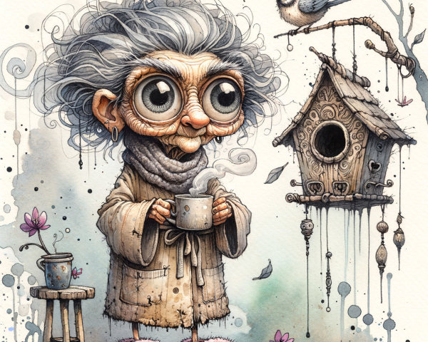 Imaginative character with expressive eyes and birdhouse