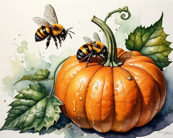 Vibrant Pumpkin with Bees and Lush Green Leaves
