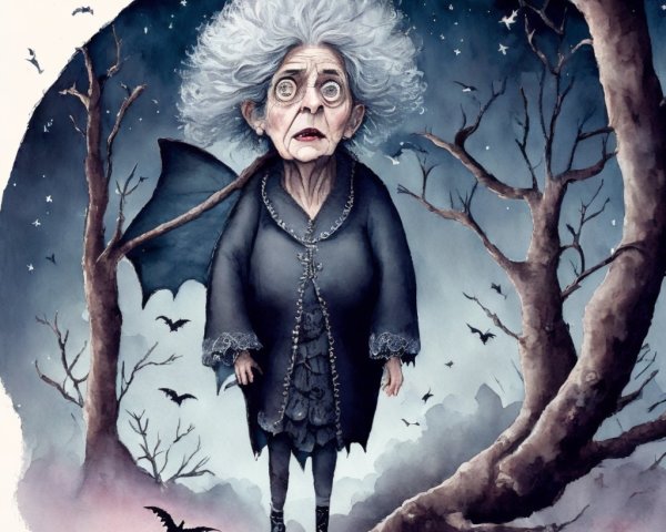 Eerie Illustration of Elderly Woman in Spooky Landscape