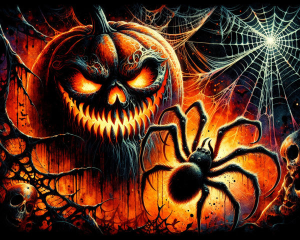 Sinister Halloween Scene with Glowing Pumpkin and Webs