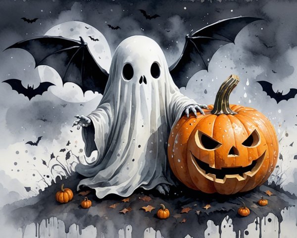 Whimsical Ghost and Jack-o'-Lantern Halloween Scene