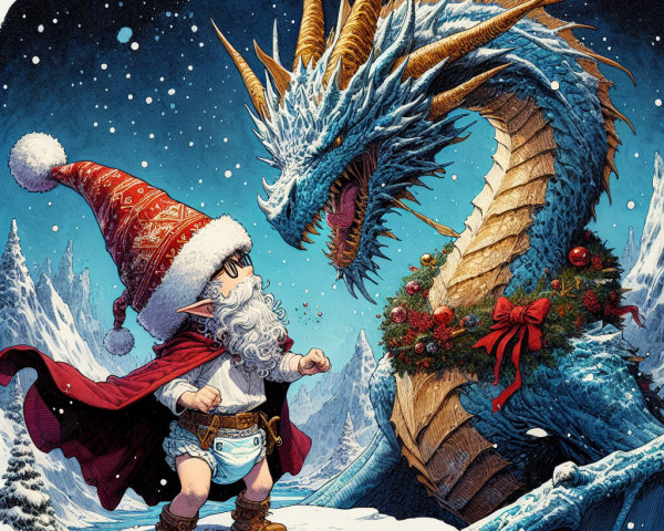 Baby Elf Santa and Blue Dragon in Snowy Landscape