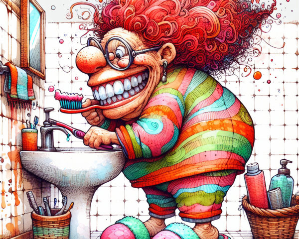 Vibrant Cartoon Character Brushing Teeth in Watercolor Style
