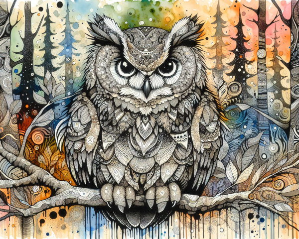 Intricate Owl Design with Abstract Trees and Colors