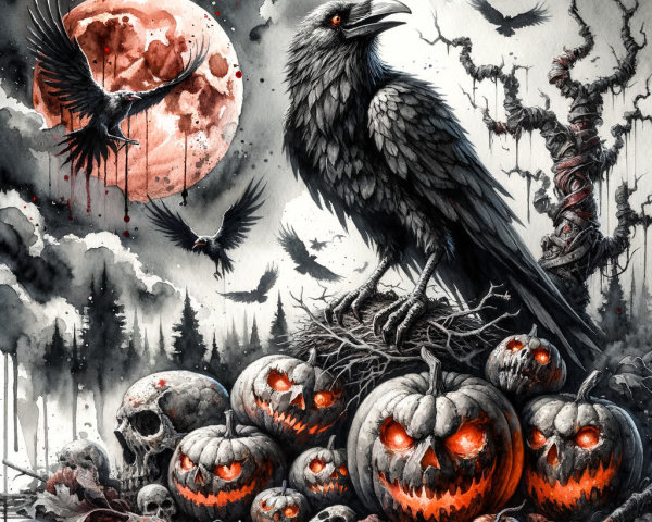 Eerie Scene with Ravens, Pumpkins, and Skulls