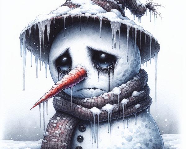 Melting Snowman with Tears in Watercolor Style