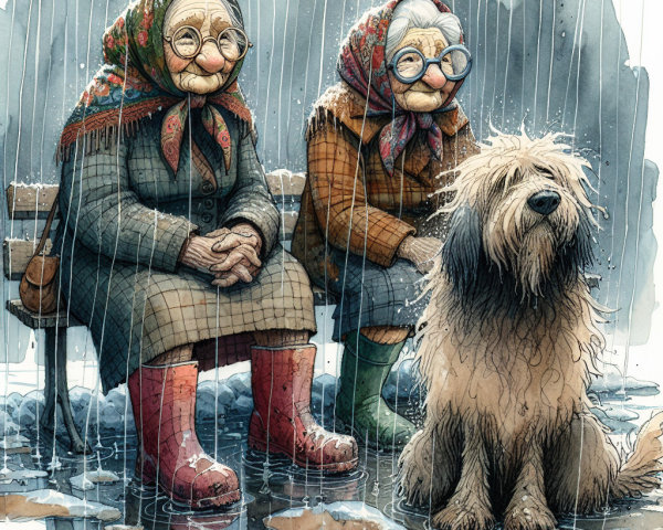 Elderly Women with Dog on Rainy Bench Scene