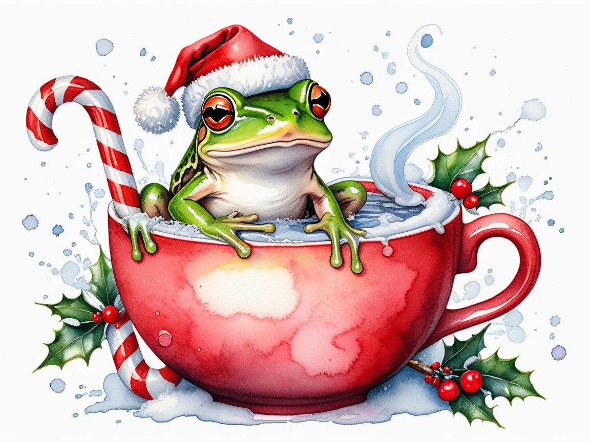 Cute Frog in Santa Hat in Pink Teacup with Snowflakes