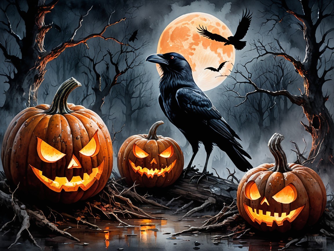 Halloween Scene with Full Moon and Jack-o'-Lanterns