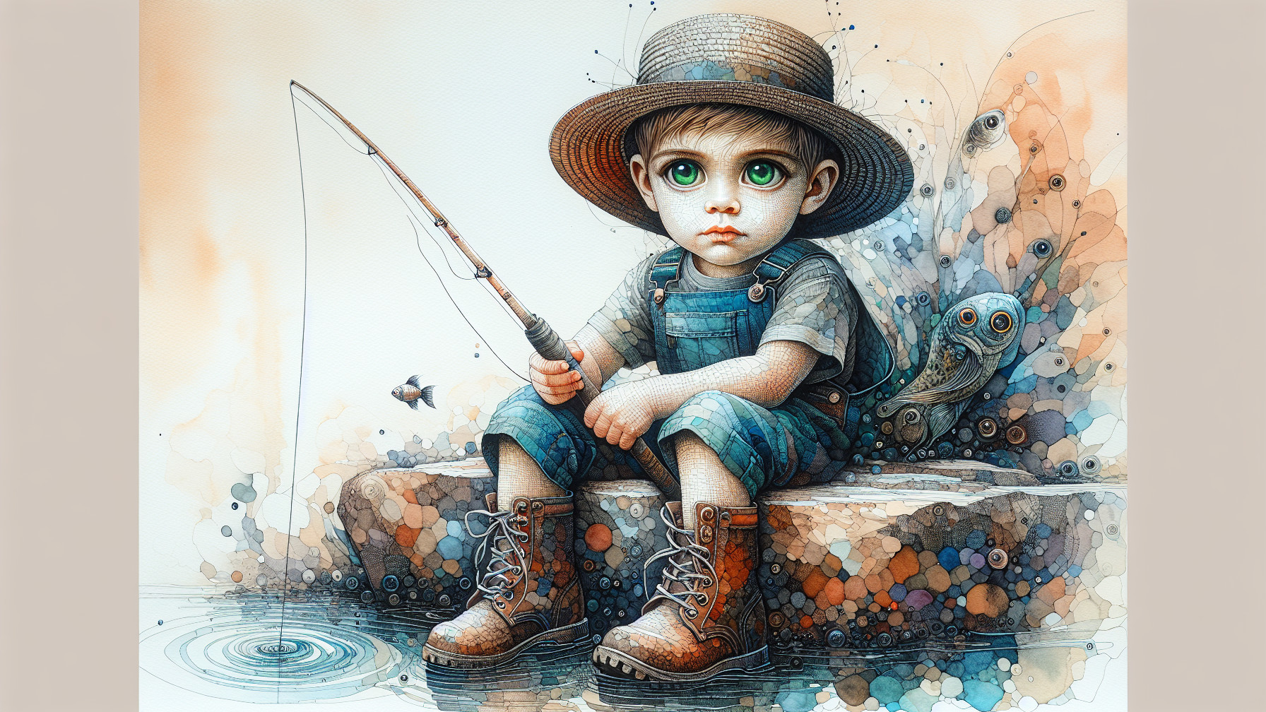 Young Boy Fishing on Rocky Bank with Abstract Background