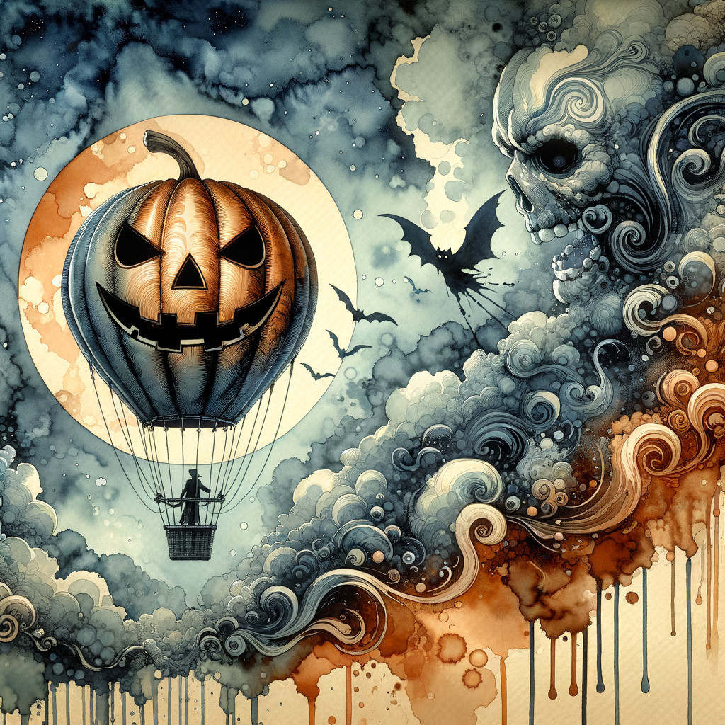Whimsical Halloween Scene with Pumpkin Balloon and Bats