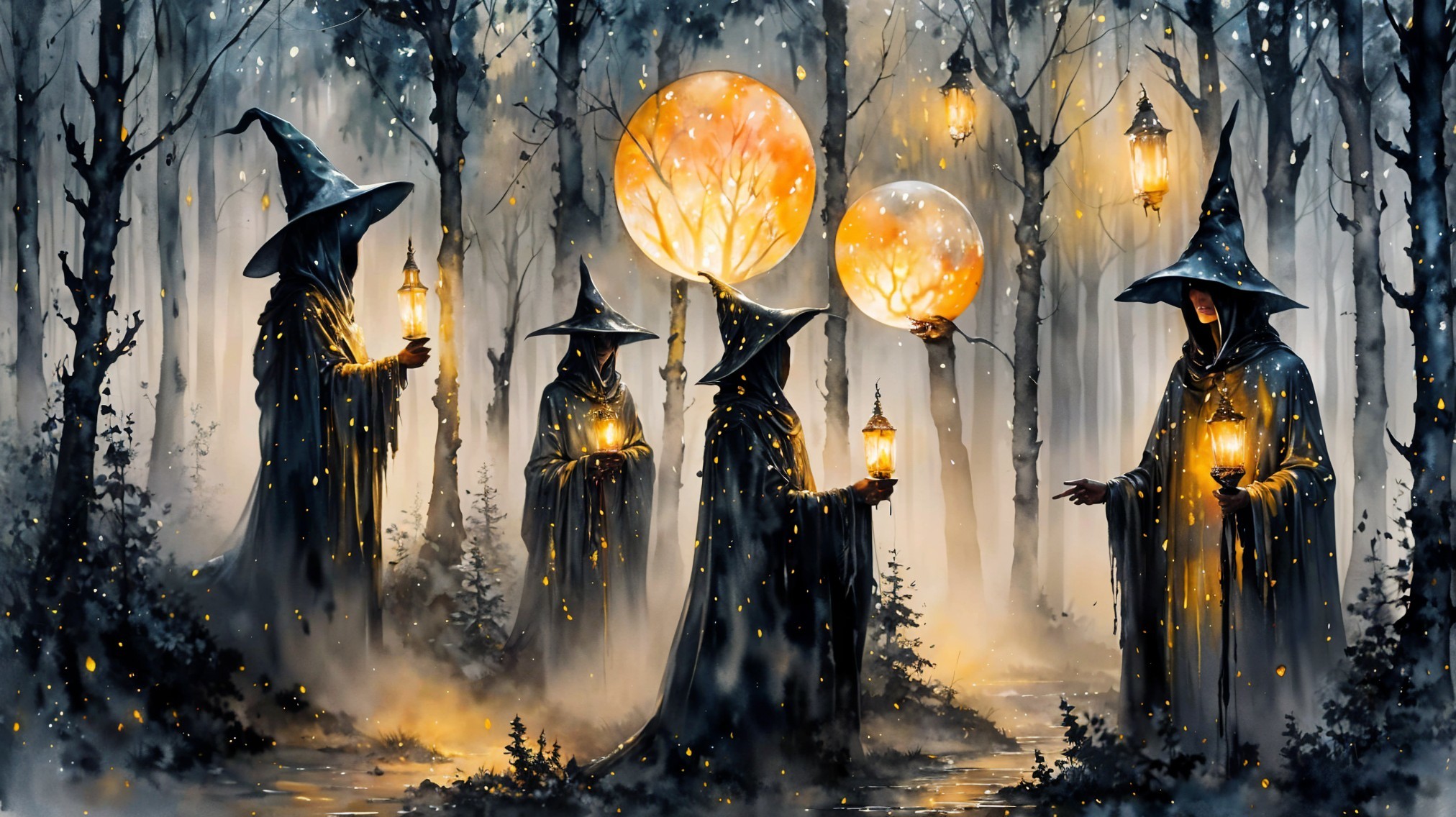 Cloaked Figures in a Foggy Mystic Forest Scene