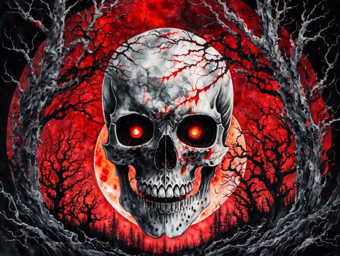 Haunting Skull with Glowing Eyes and Red Moon Background