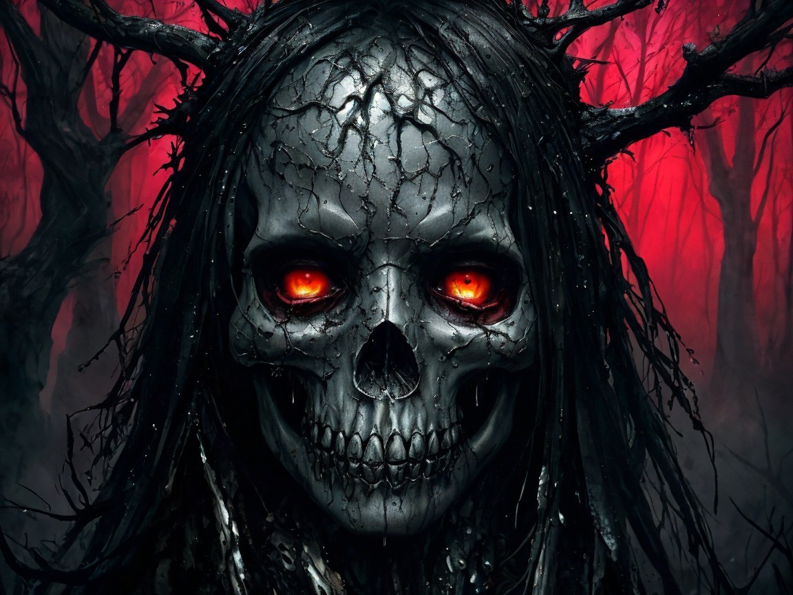 Eerie Skull with Glowing Eyes in Dark Forest Setting