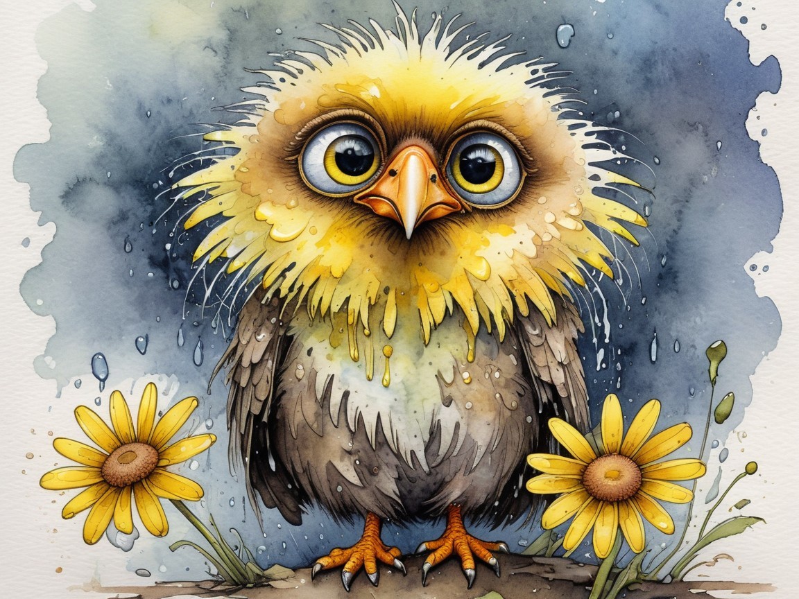 Cute Yellow Chick in Rain with Daisies and Watercolor Background