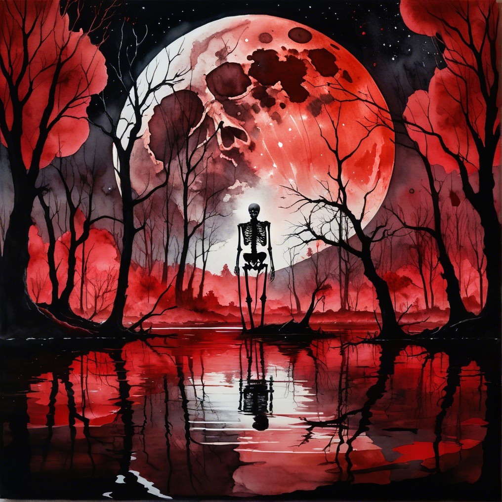 Eerie Landscape with Skeletal Figure and Red Moon