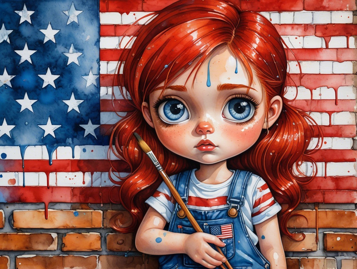 Young girl with red hair by American flag mural