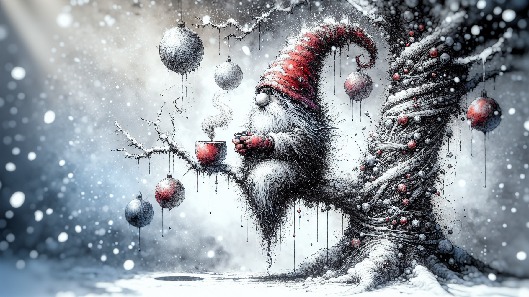 Winter Wonderland Scene with Fluffy Gnome and Ornaments