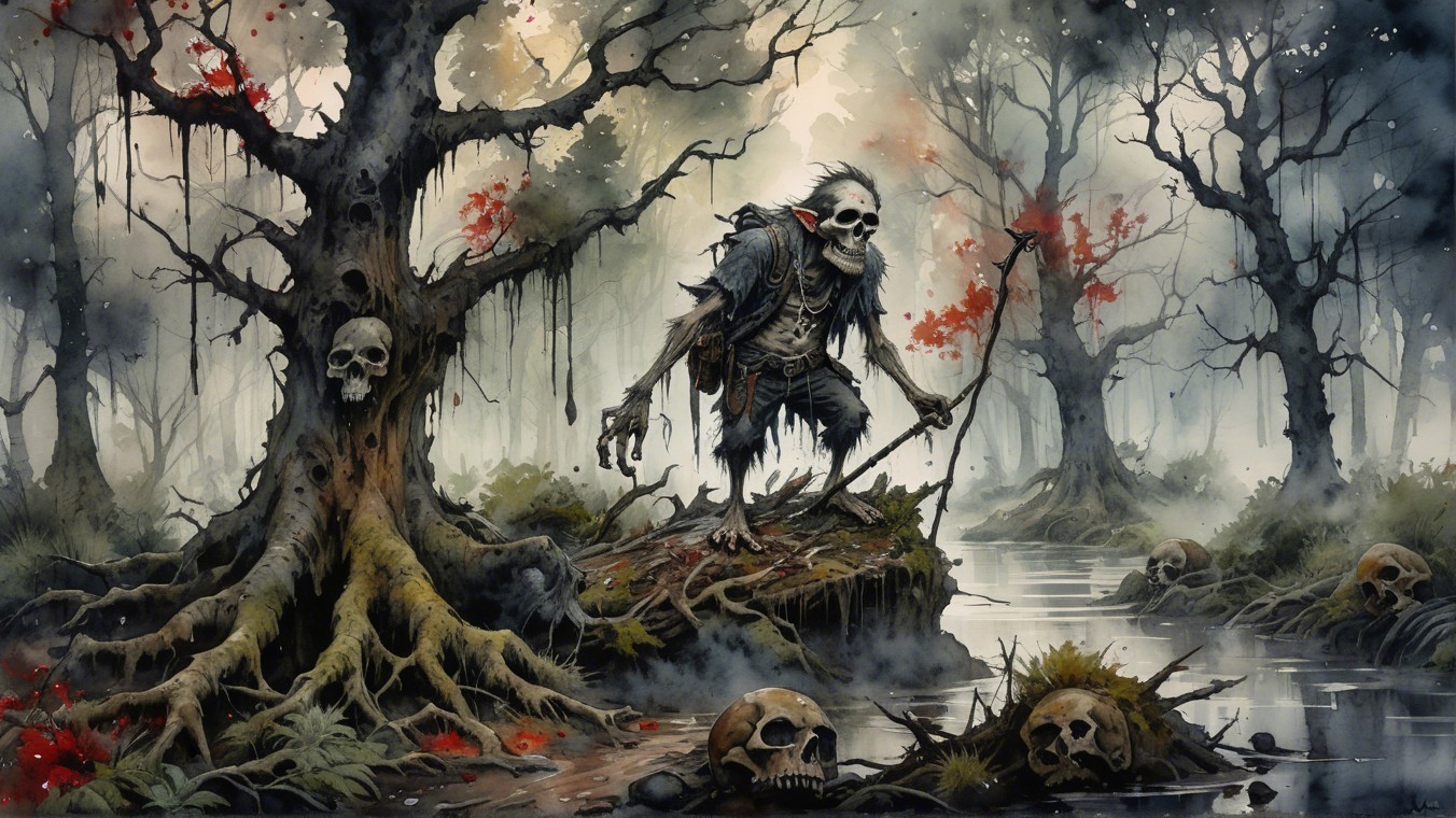 Skeletal Figure in a Misty Swamp Landscape