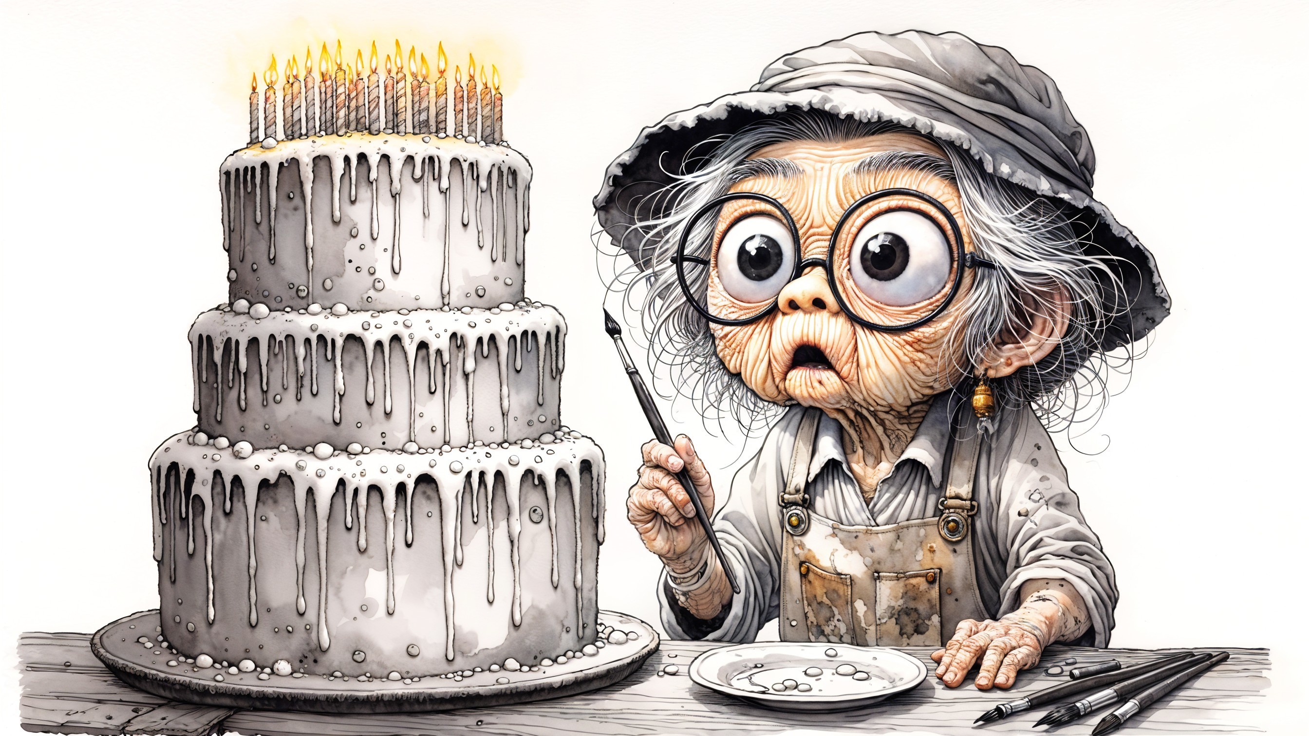 Elderly Woman in Hat Gazes at Multi-Tiered Cake