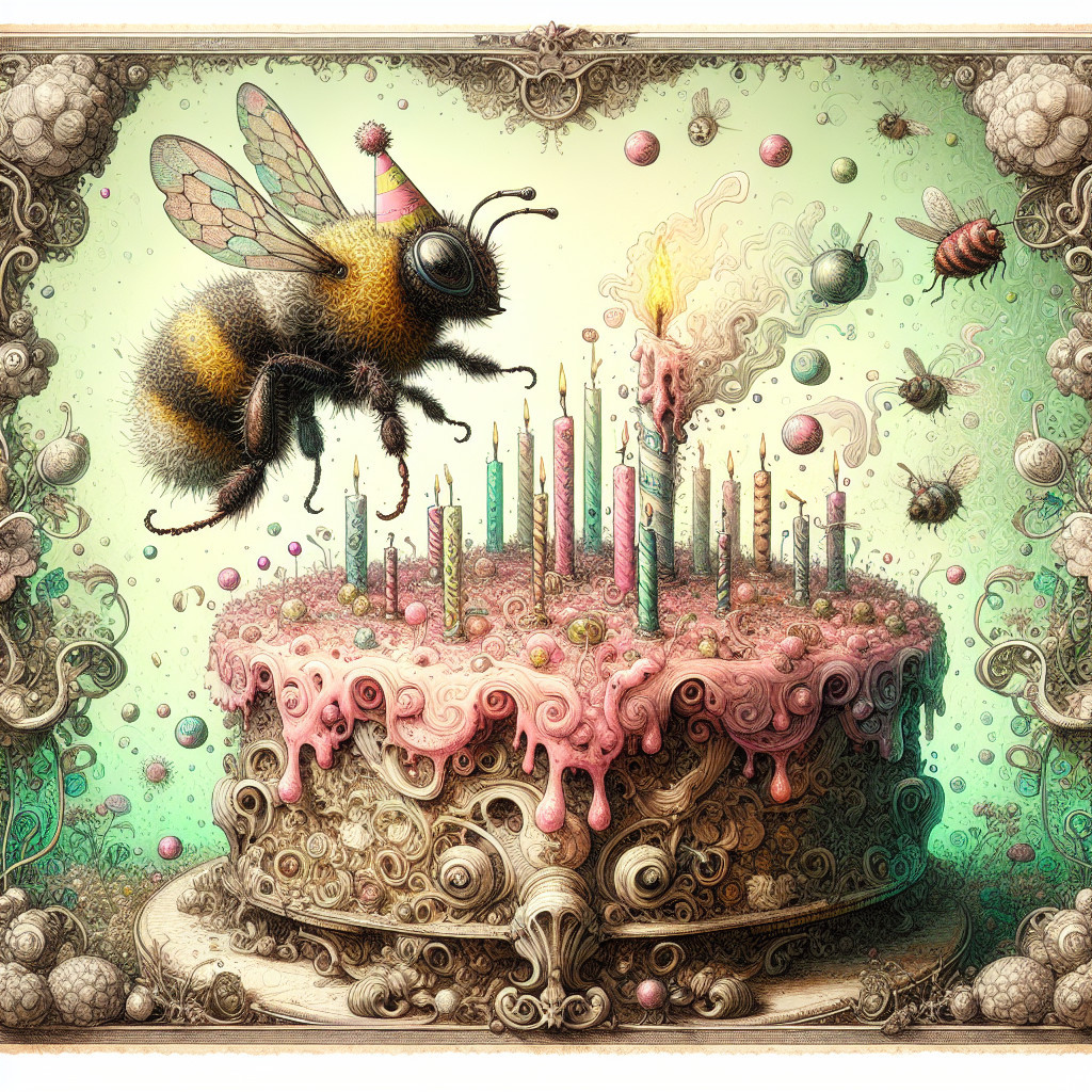 Whimsical Scene of a Bee and Colorful Birthday Cake