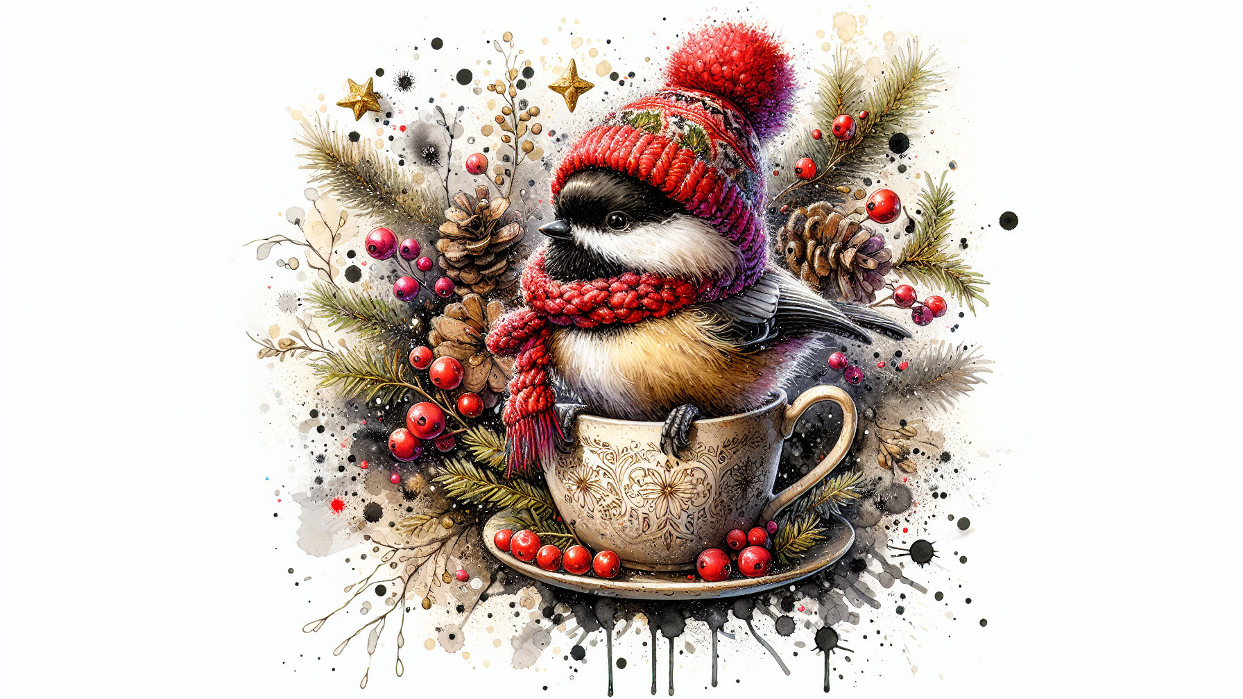 Bird in Tea Cup with Winter Decor and Festive Elements
