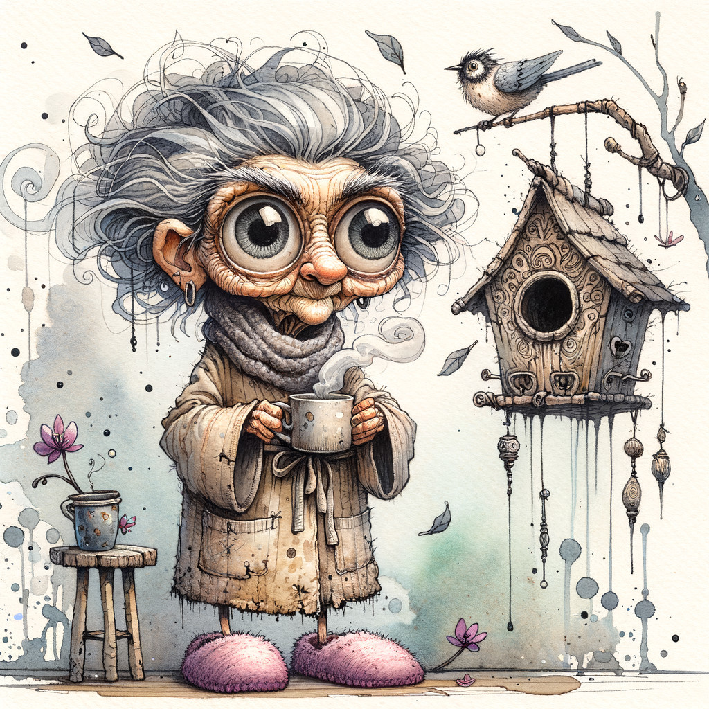 Imaginative character with expressive eyes and birdhouse