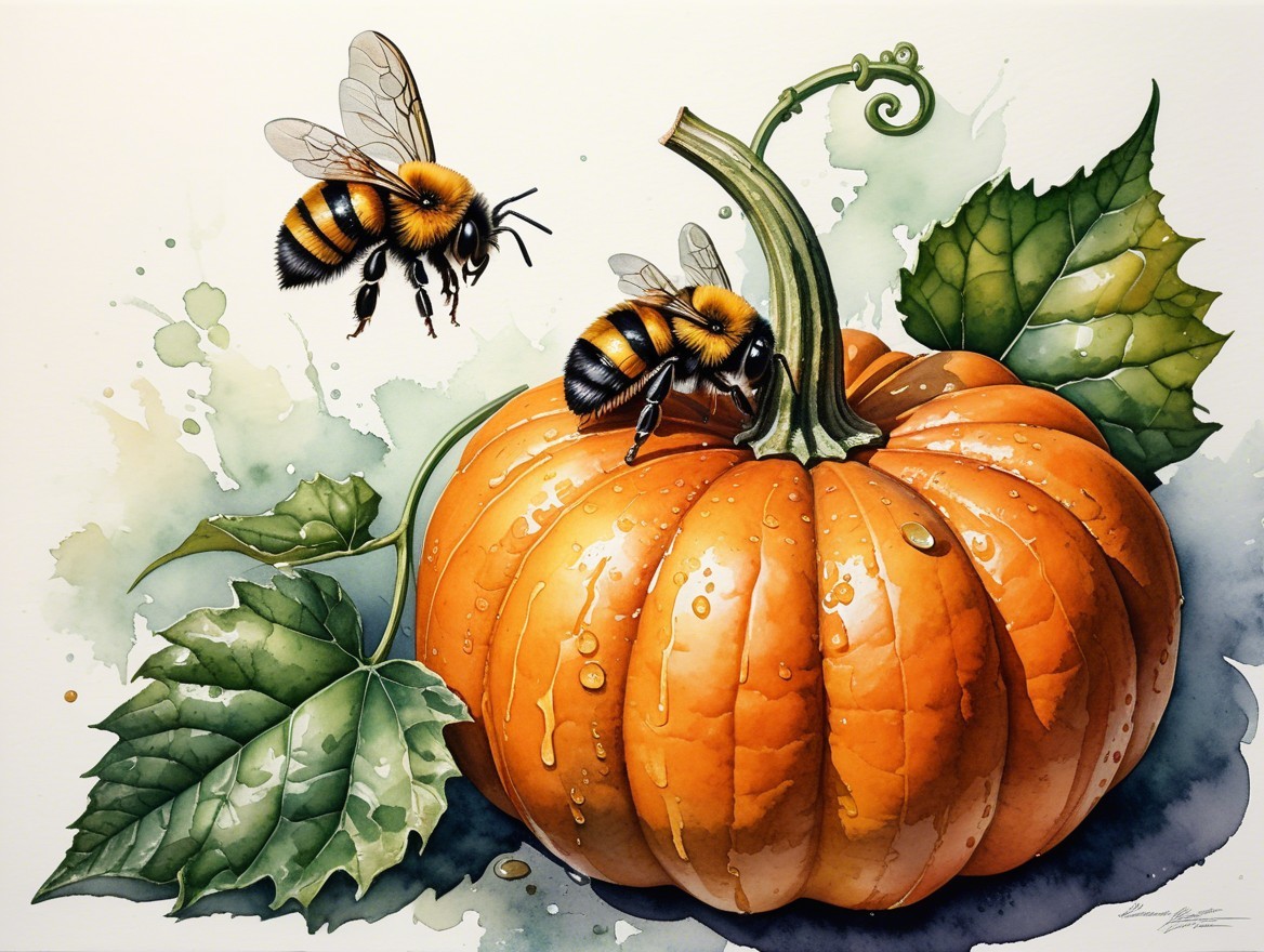 Vibrant Pumpkin with Bees and Lush Green Leaves