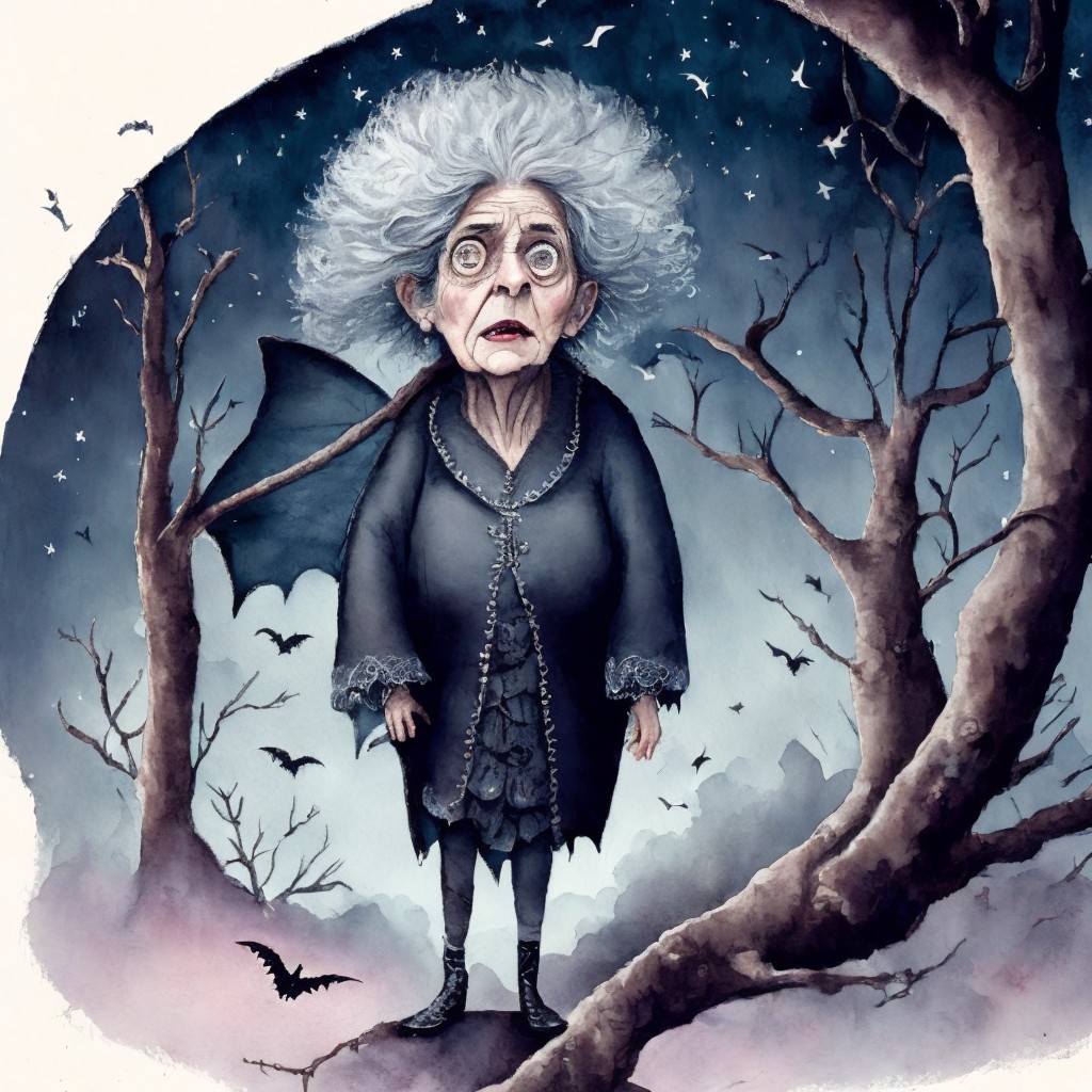 Eerie Illustration of Elderly Woman in Spooky Landscape